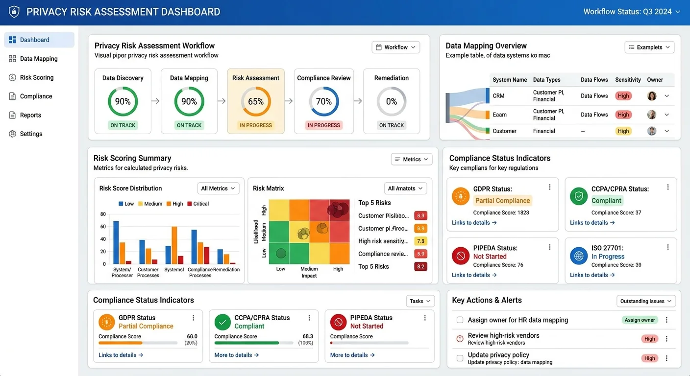 Privacy risk assessment tool dashboard displaying GDPR compliance metrics and risk scores