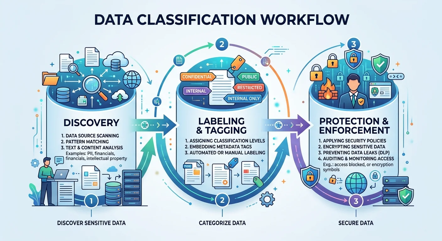 Diagram illustrating sensitive data classification workflow from discovery to protection