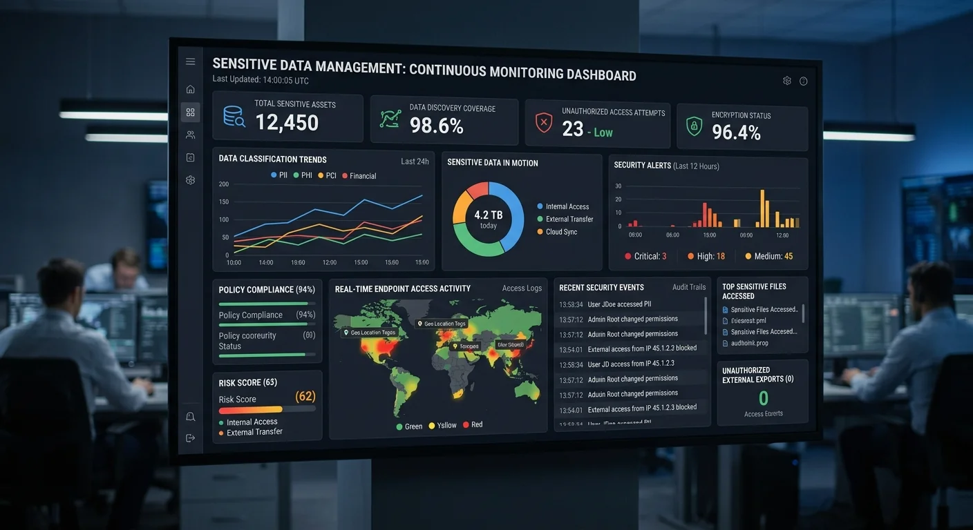 Monitoring dashboard displaying data audit metrics and compliance status